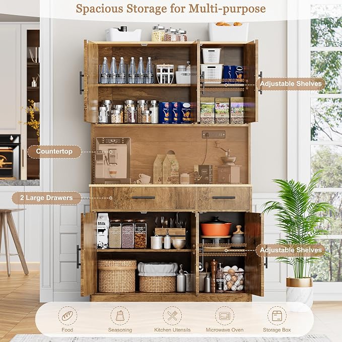 Shintenchi Pantry Cabinet with Charging Station, 70” Tall Kitchen Storage Cabinet with Microwave Stand, Storage Drawers & Adjustable Shelves, Large Capacity Kitchen Hutch for Dining Room, Brown