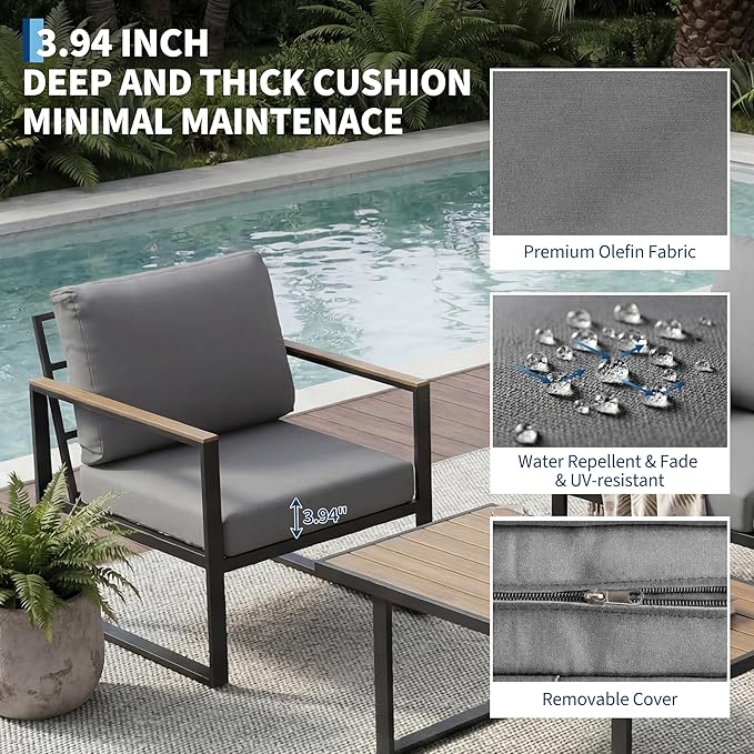 GarveeLife 4 Piece Outdoor Patio Furniture Set with Wood Coffee Table, Iron Frame Conversation Set, Gray Cushioned Chairs and Sofa for Balcony, Patio, Backyard