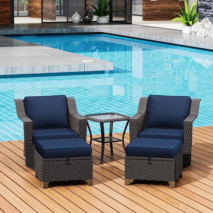 MeetLeisure 5 Pieces Patio Conversation Furniture Set - Swivel Chairs with Ottomans Set of 2, 1 Side Table, Outdoor Wicker Furniture Set with Washable Cushions for Porch, Balcony, Sunroom (Navy Blue)