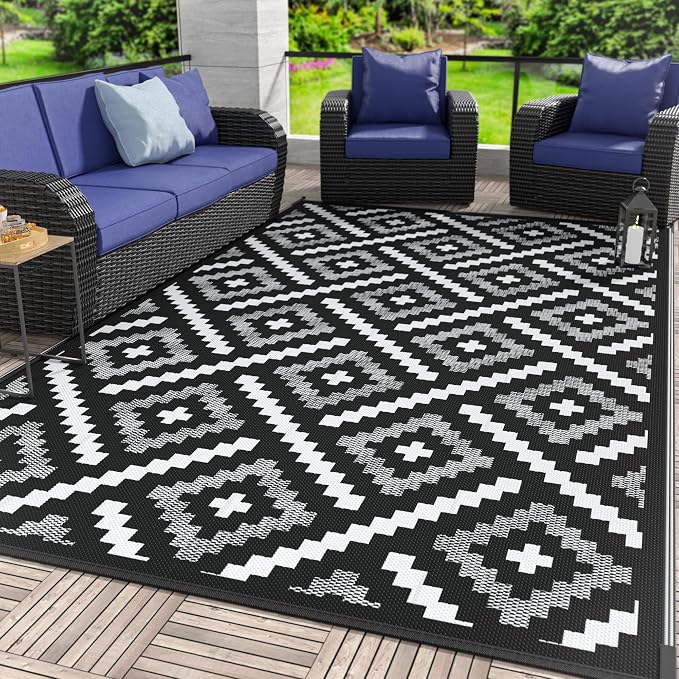 GENIMO Outdoor Rug, Waterproof Plastic Rugs for Patio, 6'x9' Ink White | Outside Larger Modern Carpet Mat for Porch Decor, Deck, Balcony, Camping, RV, Backyard, Picnic, Beach, Reversible, Foldable