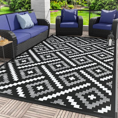 GENIMO Outdoor Rug, Waterproof Plastic Rugs for Patio, 6'x9' Ink White | Outside Larger Modern Carpet Mat for Porch Decor, Deck, Balcony, Camping, RV, Backyard, Picnic, Beach, Reversible, Foldable