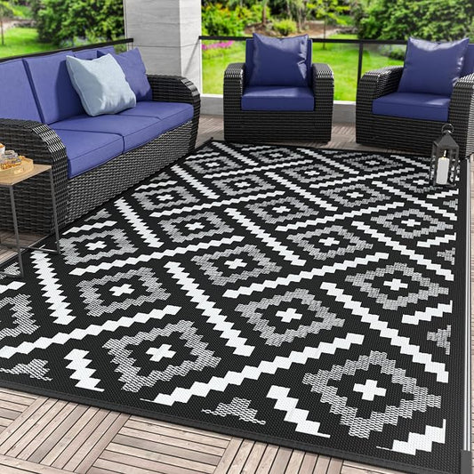 GENIMO Outdoor Rug, Waterproof Plastic Rugs for Patio, 6'x9' Ink White | Outside Larger Modern Carpet Mat for Porch Decor, Deck, Balcony, Camping, RV, Backyard, Picnic, Beach, Reversible, Foldable