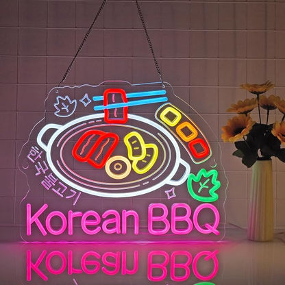Korean BBQ Neon Sign,Korean Food LED Light Sign Wall Decor | Neon Lights Hanging Wall Art Decoration for Korean Restaurant Grill Kitchen Home Decor,USB Powered Dimmable,16.14×12.6 In