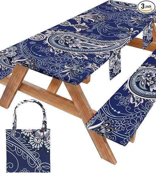Picnic Table Cover with Bench Covers Waterproof Elastic Rectangle Reusable Folding Tablecloth Manteles Mantelería Camping Essentials Rv Car Travel Supplies Table Cloth Outdoor Road Trip Camper Gifts