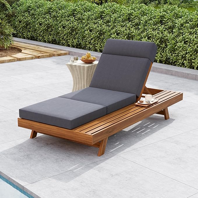 Christopher Knight Home Kayes Acacia Wood Chaise Lounge with 4'' Four-Folds Cushion, Outdoor 79'' Patio Recliner Chair with 4-Position Adjustable Backrest, Sun Lounger for Backyard, Teak+Dark Gray
