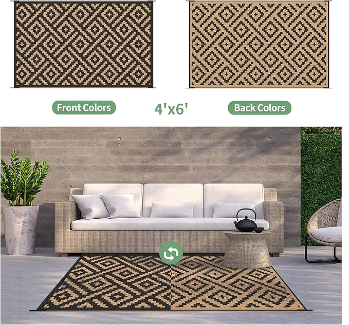 GENIMO Outdoor Rug, Waterproof Plastic Rugs for Patio, 4'x6' Black Brown | Outside Larger Modern Carpet Mat for Porch Decor, Deck, Balcony, Camping, RV, Backyard, Picnic, Beach, Reversible, Foldable