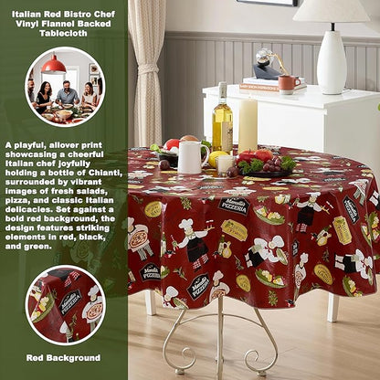 Newbridge 70 Inch Round Vinyl Tablecloth with Flannel Backing, Italian Red Bistro Chef, Novelty Chef Indoor Outdoor Waterproof Table Cover for Picnic, Barbecue, Patio and Kitchen Dining