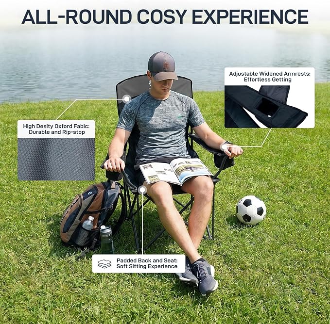 EVER ADVANCED Folding Camping Chair with Cup Holder, Oversized Padded Heavy Duty Lawn Chair, Sturdy Build Supports 400lbs for Adults, Outdoor Fishing & Sports, Black