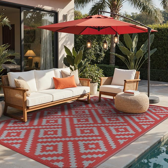 GENIMO Outdoor Rug, Waterproof Plastic Rugs for Patio, 6'x9' Red Grey | Outside Larger Modern Carpet Mat for Porch Decor, Deck, Balcony, Camping, RV, Backyard, Picnic, Beach, Reversible, Foldable