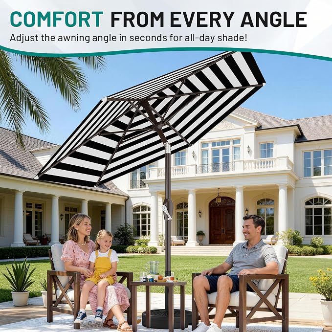 AreShark 7.5FT Patio Umbrella Table Market Umbrella w/Tilt and Crank, Heavy-Duty Outdoor Umbrellas for Pool, Deck, Garden and Backyard, Black & White Stripe