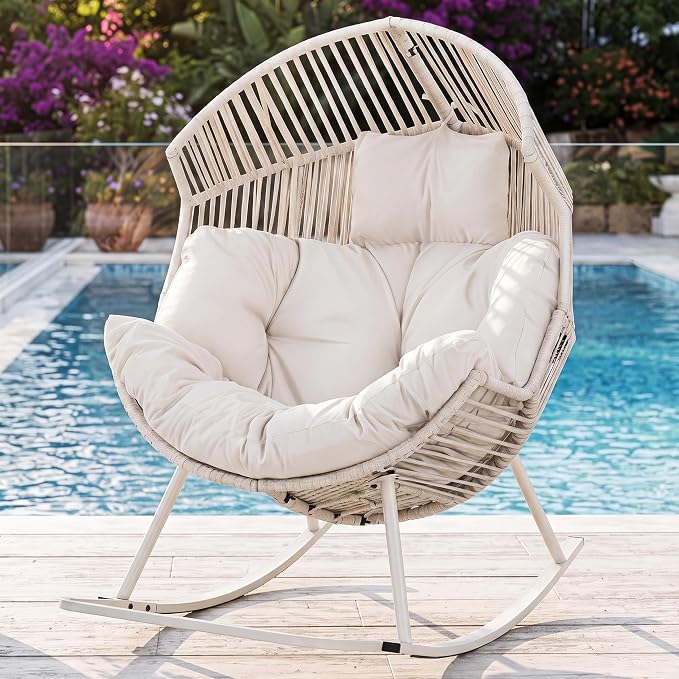 Shintenchi Rocking Egg Chair Outdoor with Cushion,Oversized Lounge Chairs | Rocking Chair White,PE Rattan,Egg Seat for Indoor Outdoor Living Room Bedroom Outside Patio Backyard Balcony