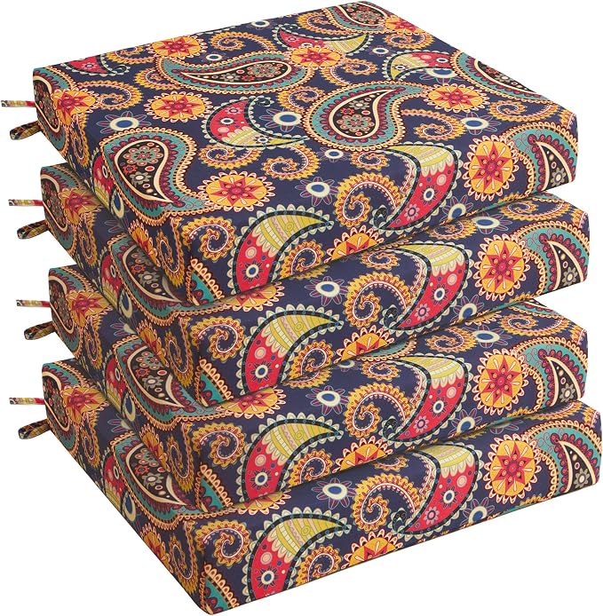 UNIKOME Outdoor Chair Cushions Pack of 4, Water Resistant Patio Cushions with Ties, High Density Sponge Filling Square Corner Seat Cushions for Outdoor Furniture, 18.5"*16"*3", Palmira Paisley