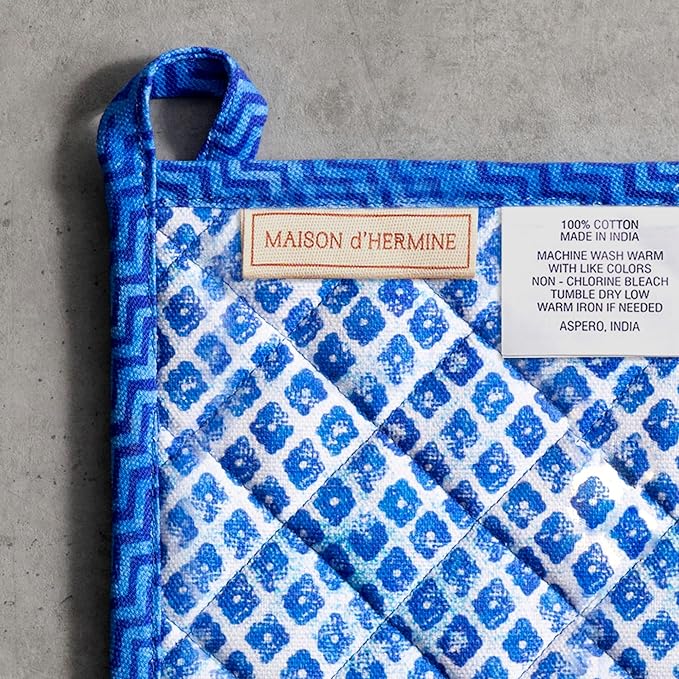 Maison d' Hermine 100% Cotton Oven Mitt & Pot Holder Set (7.5"x13" & 8"x8") Heat Resistant BBQ Cooking Gloves with Loop Baking Grilling Kitchen Hotel Home Farmhouse Spring Summer (Indigo Love)
