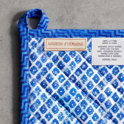 Maison d' Hermine 100% Cotton Oven Mitt & Pot Holder Set (7.5"x13" & 8"x8") Heat Resistant BBQ Cooking Gloves with Loop Baking Grilling Kitchen Hotel Home Farmhouse Spring Summer (Indigo Love)