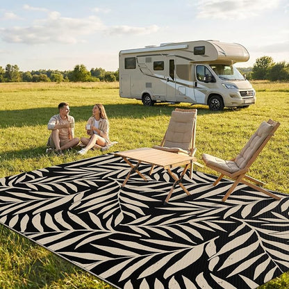 Smiry Outdoor Rug 5x8 ft Waterproof Reversible Leaf Mat, Black & Beige | Polypropylene Plastic Straw, Quick Drying, Lightweight Foldable, for Patio, Deck, RV Camping, Backyard and Indoor Outdoor Use
