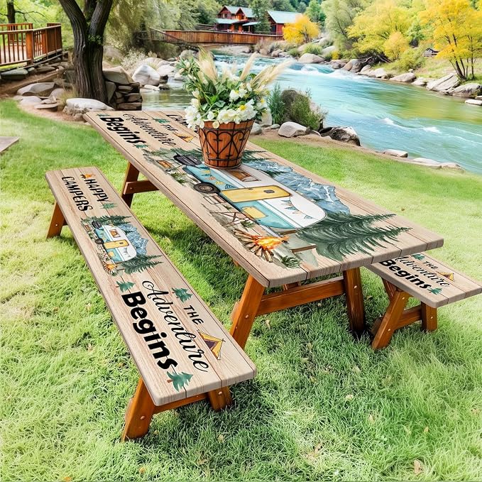 Picnic Table Cover with Bench Covers, Wooden Forest Mountain Camper Waterproof Windproof, Fitted Tablecloth Cover with Elastic Edge, for Indoor & Outdoor, Garden, Camping, 3 PCS 30x96 Inch