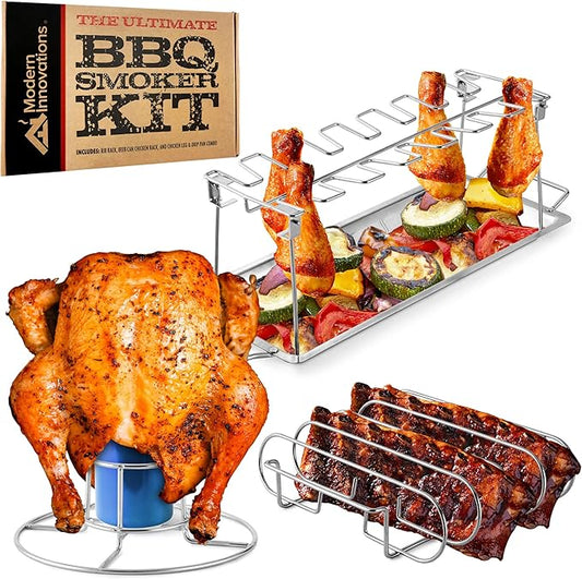 Modern Innovations Grill Racks, Chicken Leg Rack Drumstick Holder, Beer Can Chicken Holder Butt Stand, BBQ Smoke Rib Rack, Smoker Accessories Gifts For Men, Smoking and Grilling Gift Set