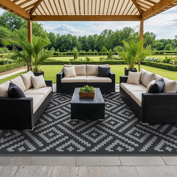 GENIMO Outdoor Rug, Waterproof Plastic Rugs 9'x12' for Camping Black Grey | Outside Larger Modern Carpet Mat for Porch Decor, Deck, Balcony, Camping, RV, Backyard, Picnic, Beach, Reversible, Foldable