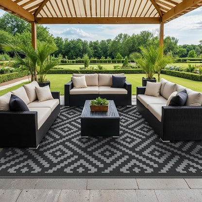 GENIMO Outdoor Rug, Waterproof Plastic Rugs 9'x12' for Camping Black Grey | Outside Larger Modern Carpet Mat for Porch Decor, Deck, Balcony, Camping, RV, Backyard, Picnic, Beach, Reversible, Foldable