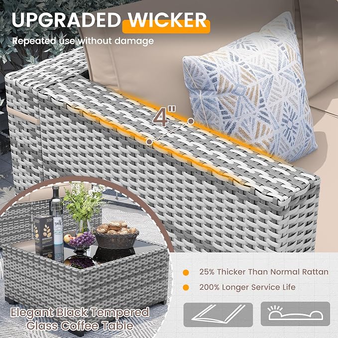 UDPATIO Outdoor Patio Furniture Set, 7 Pcs PE Wicker Sectional Sofa with Tea Table, Outdoor Conversation Set with Waterproof Cover for Patio, Garden, Backyard (Beige Cushions with Grey Rattan)