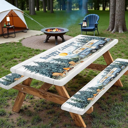 Picnic Table Cover with Bench Covers Elastic Edges, Outdoor Patio Camping Essentials 72 Inch 3PCS, Camper Fitted Table Cover, Waterproof Rectangle Tablecloth with Drawstring Bag,Blue White