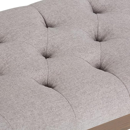 SIMPLIHOME Carmel 32" Wide Solid Acacia Wood Outdoor Chair in Sand Drift | Traditional tufted ottoman bench with carved legs; perfect footstool, footrest or bench for bedroom or entryway.