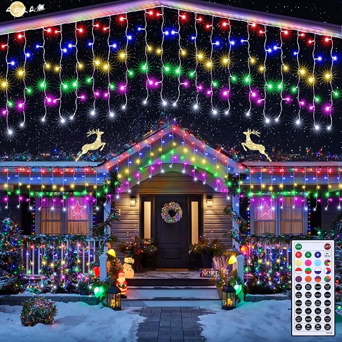 Joomer 33FT RGB Christmas Icicle Lights Outdoor Non-Connectable Xmas Lights | with Remote Timer Waterproof Plug-in String Light for Xmas Party, holiday Eaves Roof Christmas Decorations