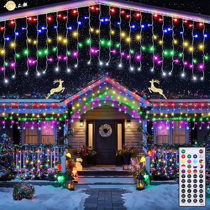 Joomer 33FT RGB Christmas Icicle Lights Outdoor Non-Connectable Xmas Lights | with Remote Timer Waterproof Plug-in String Light for Xmas Party, holiday Eaves Roof Christmas Decorations