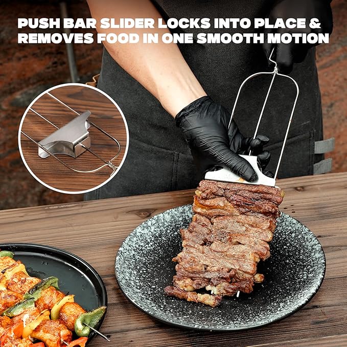 onlyfire 2 PCS Kabob Skewers Stainless Steel Skewer for Grilling, 3-Prong Kabob Skewers Perfect with Push Bar Reusable Metal Skewer for Meat, Chicken, Sausages,Veggies, Shrimp