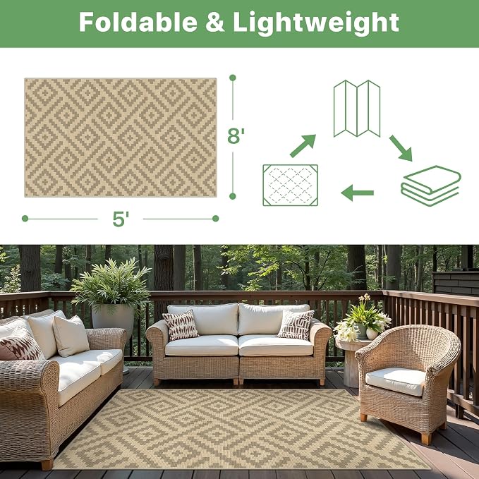 GENIMO Outdoor Rug, Waterproof Plastic Rugs for Patio, 5'x8' Oat Beige | Outside Larger Modern Carpet Mat for Porch Decor, Deck, Balcony, Camping, RV, Backyard, Picnic, Beach, Reversible, Foldable