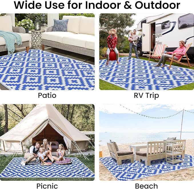 Smiry Outdoor Rug 5x8 ft Waterproof Reversible Boho Mat, White & Blue | Polypropylene Plastic Straw, Quick Drying, Lightweight Foldable, for Patio, Deck, RV Camping, Backyard and Indoor Outdoor Use