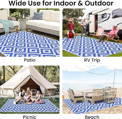 Smiry Outdoor Rug 5x8 ft Waterproof Reversible Boho Mat, White & Blue | Polypropylene Plastic Straw, Quick Drying, Lightweight Foldable, for Patio, Deck, RV Camping, Backyard and Indoor Outdoor Use