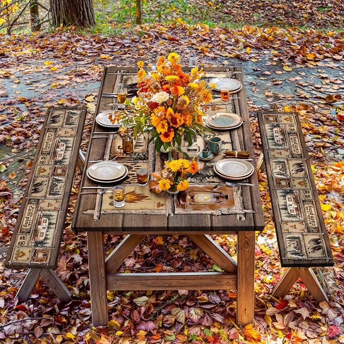 Picnic Table Cover with Bench Covers Elastic Edges, Cabin Bear Camper Rustic Fitted Table Cover, Outdoor Patio Camping Essentials 3PCS, Waterproof Camping Tablecloth with Drawstring Bag 60 in
