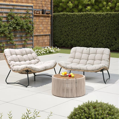 Crestlive Products Outdoor Loveseat 2PCS, Patio Conversation Set, All-Weather Boho Rattan Patio Furniture with Soft Cushion for Balcony, Poolside, Backyard (Without Table)