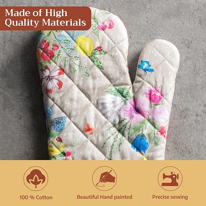 Maison d'Hermine Oven Gloves 100% Cotton Oven Mitt 7" x 13" with Loop Heat Resistant BBQ Cooking Gloves Baking Grilling Kitchen Hotel Home Farmhouse Spring Summer (Pack of 1, Jardin D'Ete - Fog)