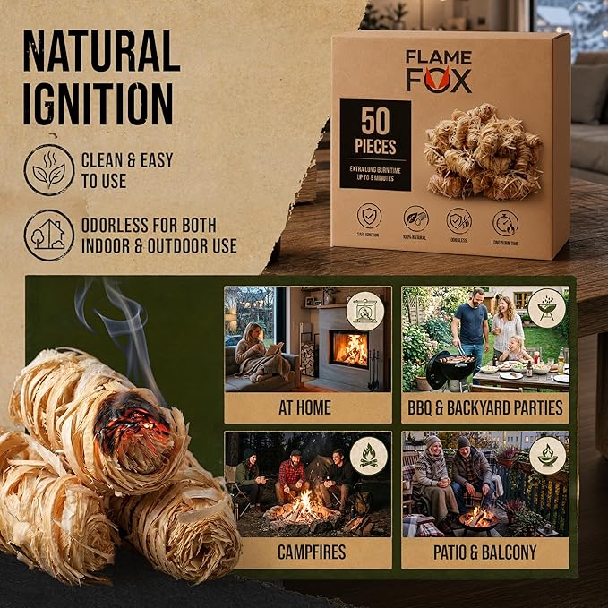 FlameFox Fire Starters 50 pcs – Natural Wood Wool Tumbleweed Fire Starter – Odorless Long Burning and Eco Friendly Firestarters – for Fireplace, Campfire, Grill, BBQ, Charcoal, Wood Stove & Fire Pit