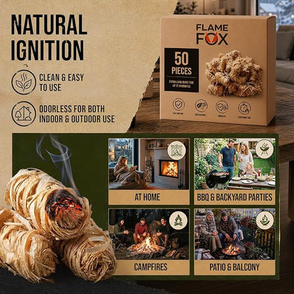 FlameFox Fire Starters 50 pcs – Natural Wood Wool Tumbleweed Fire Starter – Odorless Long Burning and Eco Friendly Firestarters – for Fireplace, Campfire, Grill, BBQ, Charcoal, Wood Stove & Fire Pit