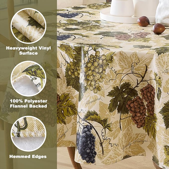 Newbridge 70 Inch Round Vinyl Tablecloth with Flannel Backing, Grapevine Print, Grape Theme Indoor Outdoor Waterproof Table Cover, Picnic, Barbeque, Patio and Kitchen Dining