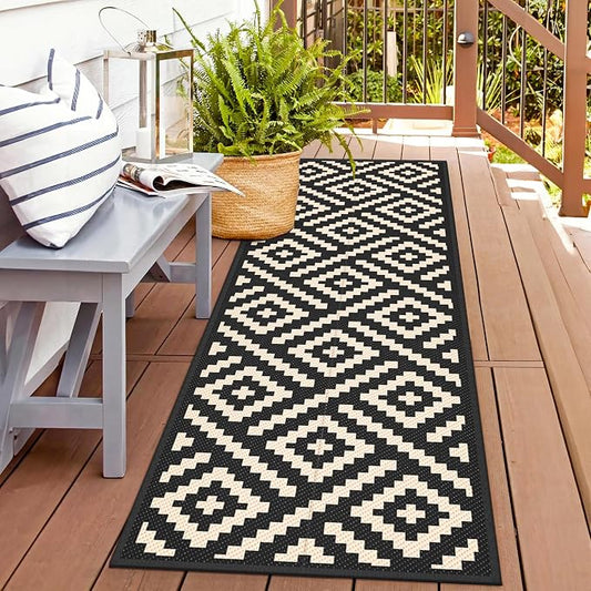 GENIMO Outdoor Rug, Waterproof Plastic Runner Rugs, 2.5'x8' Black Beige | Outside Modern Carpet Mat for Patio Decor, Porch, Deck, Balcony, Camping, RV, Picnic, Beach, Reversible, Foldable