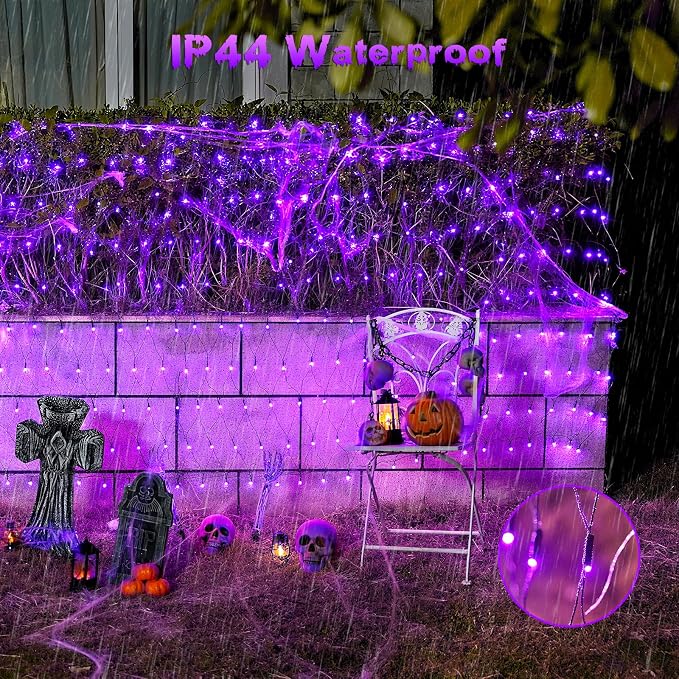 JMEXSUSS 360 LED Halloween Net Lights, Purple, 12ft x 5ft | Outdoor Waterproof, Connectable, Plug in, Mesh Lights with Remote for Bushes Shrubs Christmas Halloween Decorations