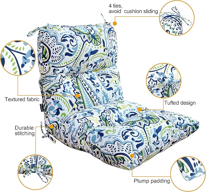 Outdoor Chair Cushions, Water Resistant Replacement Tufted Cushion for Patio Dining Chair, Set of 2 Green/Blue Paisley