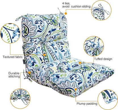 Outdoor Chair Cushions, Water Resistant Replacement Tufted Cushion for Patio Dining Chair, Set of 2 Green/Blue Paisley