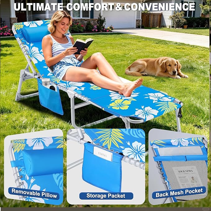 Luxfero 3-in-1 Beach Lounge Chair with Umbrella, Sun Tanning Chair with Face Hole&5-Position Recliner, Folding Lounge Chair Outdoor Lay Flat, Max 350lbs,Portable Tanning Chair with Pillow&Pocket-Blue