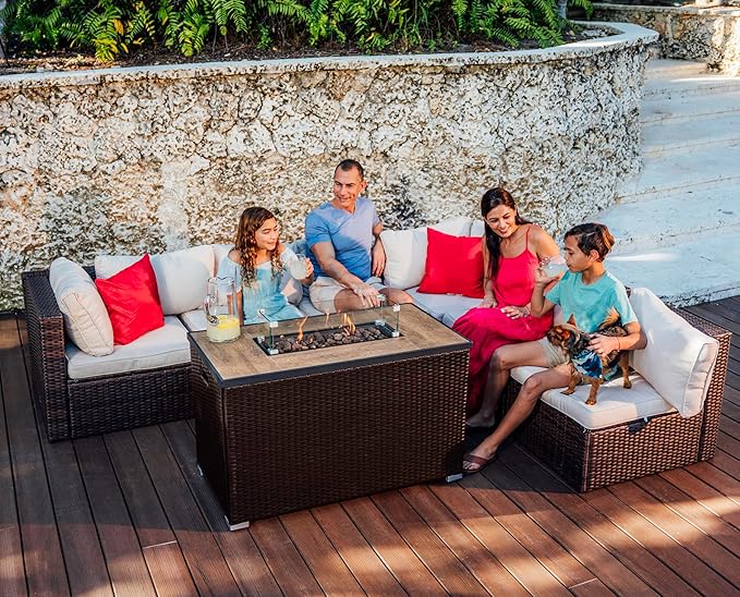 Nestl 43 Inch Fire Pit for Outdoor - 50,000 BTU Outdoor Propane Fire Pit Table with Lid, Rain Cover & Lava Rocks - Patio Fire Pit Table with Tempered Glass for Backyard Gatherings - Brown