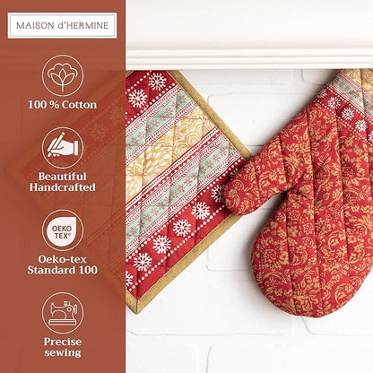 Maison d' Hermine 100% Cotton Oven Mitt & Pot Holder Set (7.5"x13" & 8"x8") Heat Resistant BBQ Cooking Gloves with Loop for Thanksgiving Christmas Decorations Handling Hot Pans (Sofia)