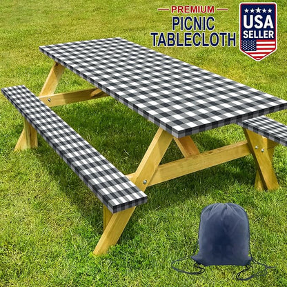 Picnic Table Cover with Bench Covers, Washable Tablecloth for 6 Foot Rectangle Tables – 72"x30" Waterproof Elastic Fitted Black and White Checkered Camping Tablecloth for Outdoor Use