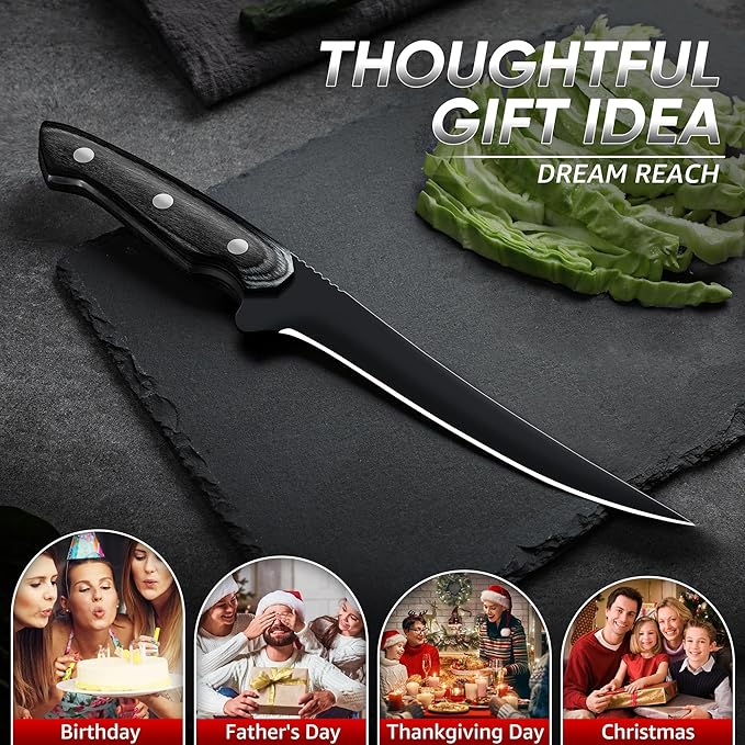 Dream Reach Fish Fillet Knife - Sharp Deboning Poultry and Meat Boning Knife Kitchen BBQ, Professional Fish Knives with Full Tang Handle