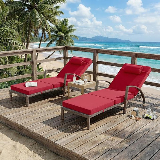 PeakPursuit Outdoor Lounge Chairs Set of 2, Pool Lounge Chairs for Outside Patio Furniture, Outdoor PE Rattan Wicker Patio Chaise with 5-Positions Adjustable for Poolside, Deck，Red