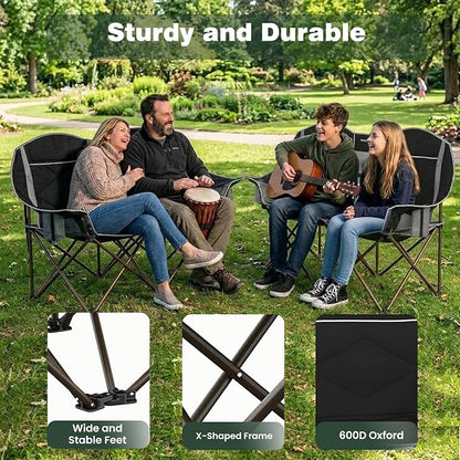 SUNNYFEEL Double Camping Chair Oversized Loveseat for Adults | 600LBS Heavy Duty Padded Camping Couch with Cup Holder, Storage Pockets & Carry Bag for Patio RV/ Lawn/ Backyard