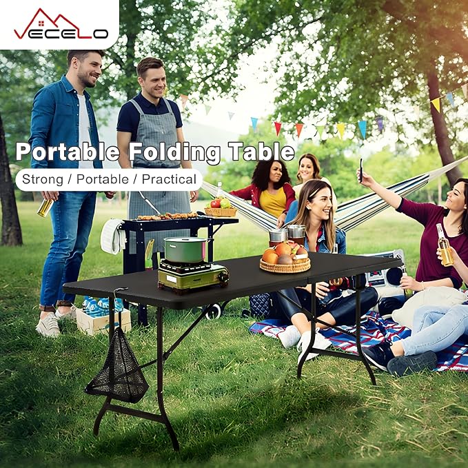VECELO 6 ft Picini Table with Thickened Top | Removable Mesh Bag | Strong Side Support, 500lbs Weight Capacity Folding Table, Indoor & Outdoor, with Carrying Handle,Black
